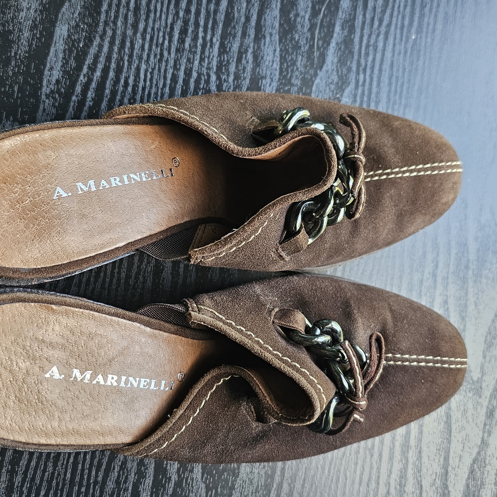 A. Marinelli Brown Suede Mules with Chain Detail Women's Sz 8M - Picture 9 of 9